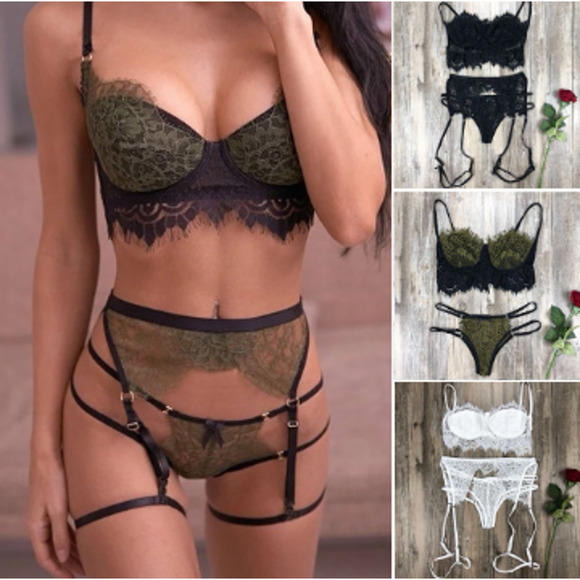 Lace Lingerie 3 pc Sexy Boudoir Garter Teddy Set - Picture 15 of 16